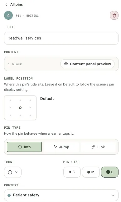 Pin settings panel for Headwall services, with Info, Jump and Link pin types