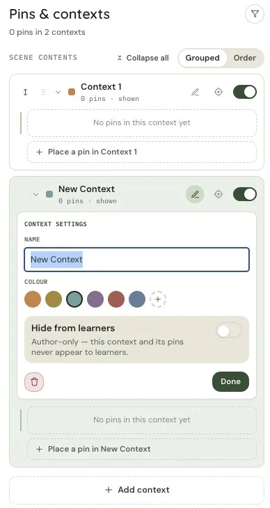 Pins and contexts panel with context colours and a Hide from learners option