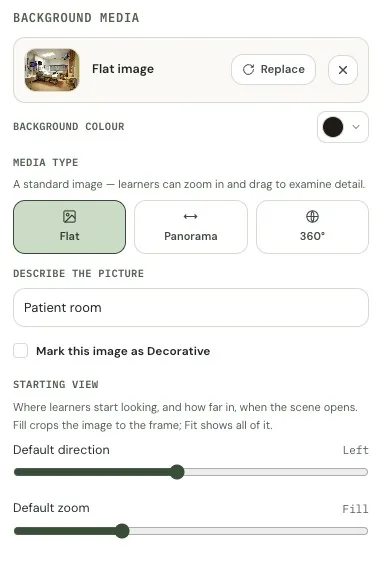 Scene panel with media type, picture description and starting view
