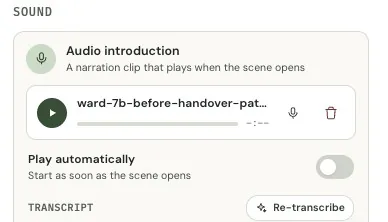 Audio introduction with a recorded narration and a re-transcribe option