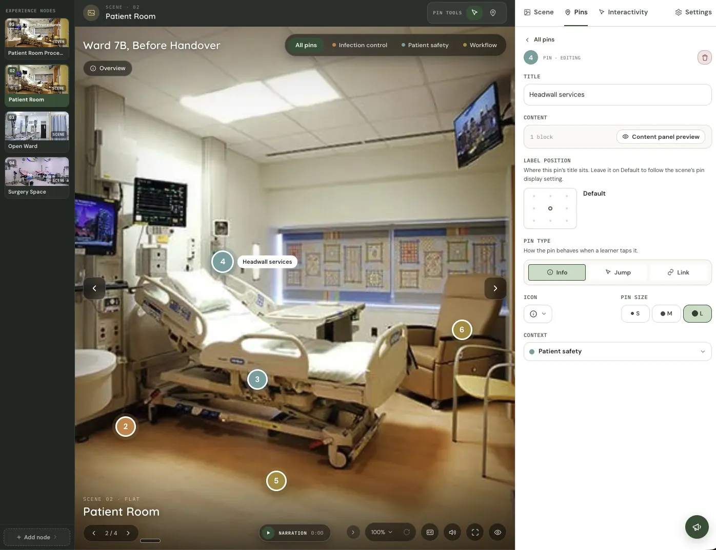 The Panova editor with pins placed on a patient room