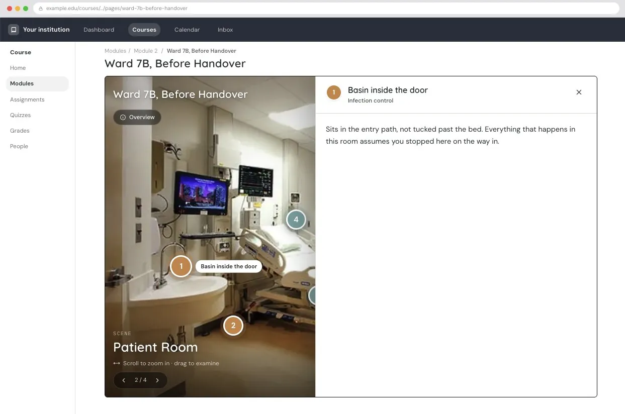 Ward 7B embedded on a course page in an LMS, with a pin open
